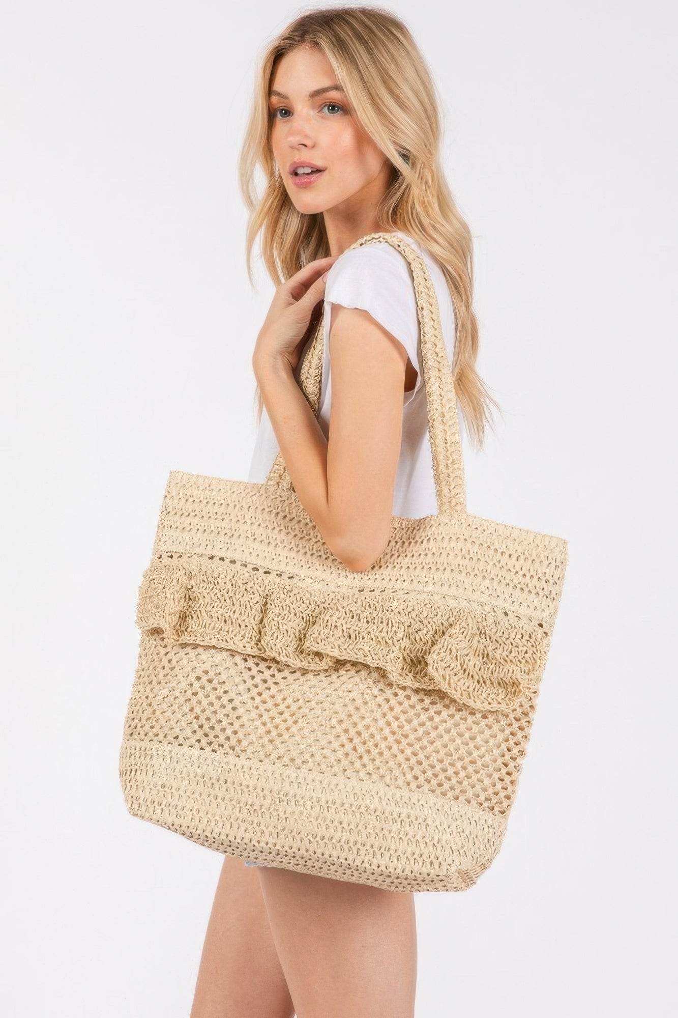 Ruffle Detail Crochet Straw Bag - us.meeeshop