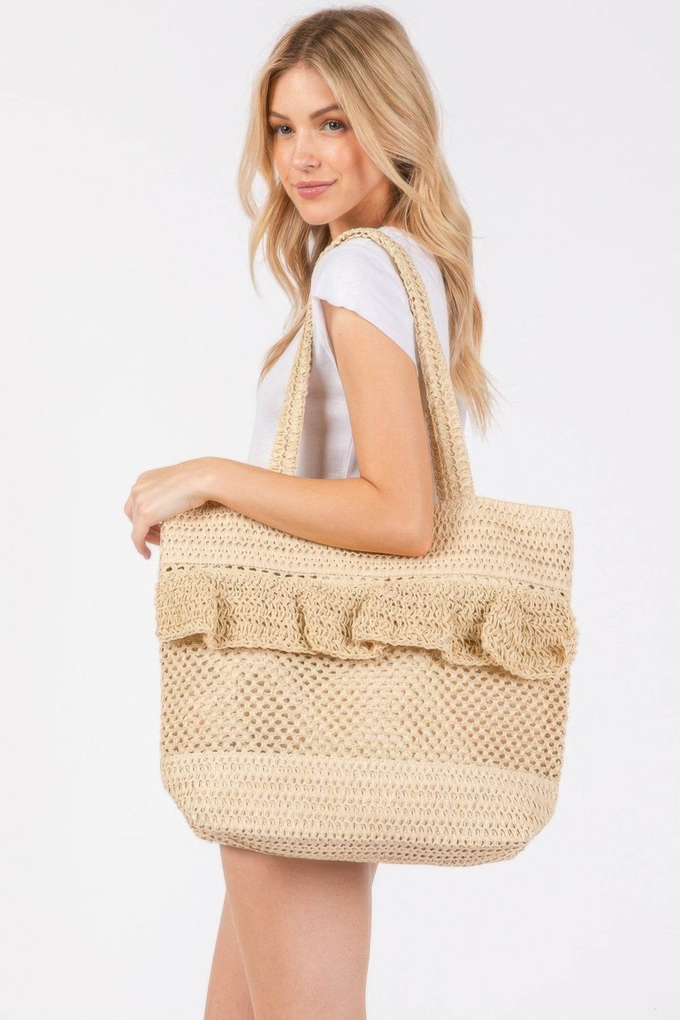 Ruffle Detail Crochet Straw Bag - us.meeeshop