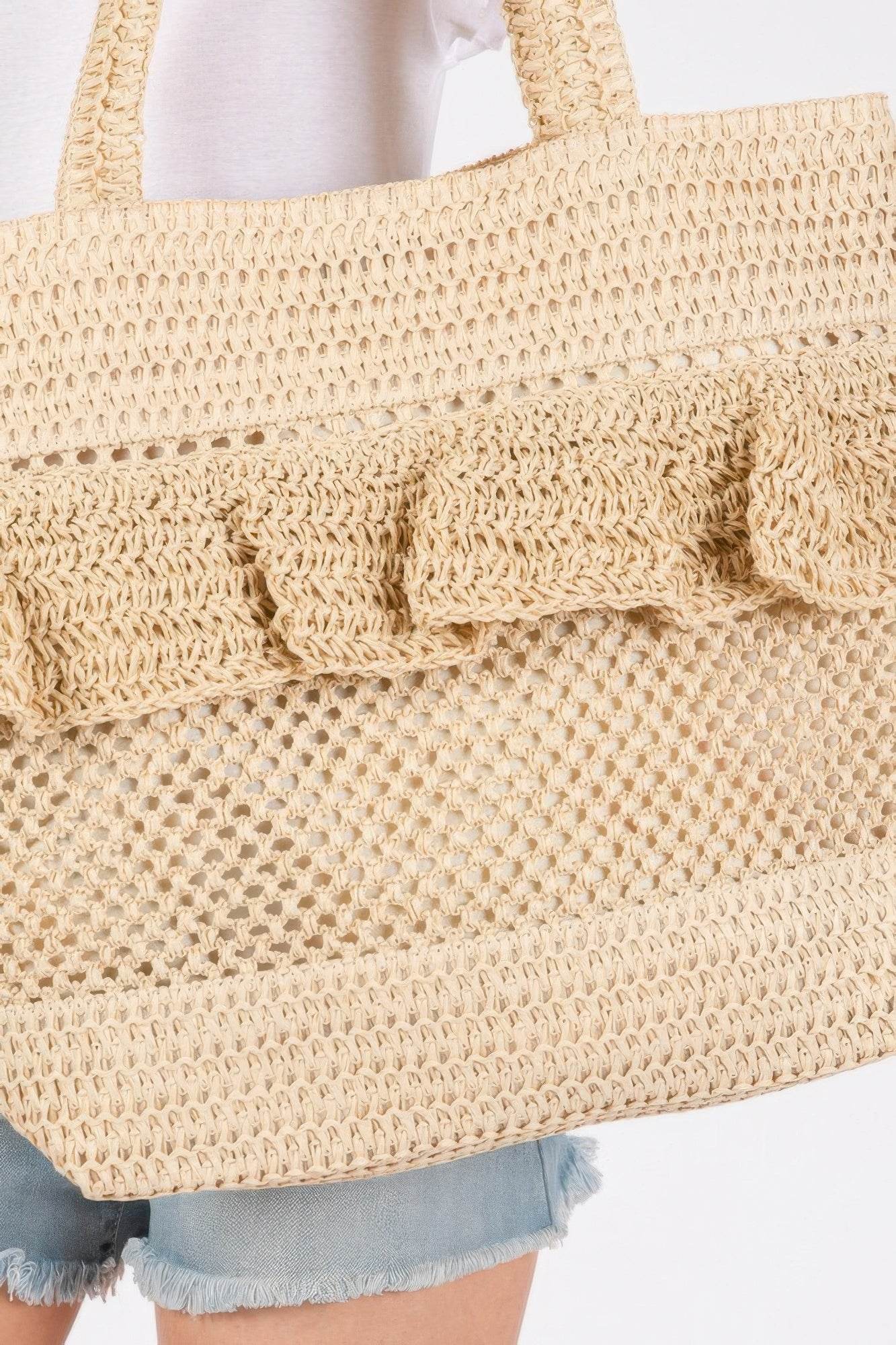 Ruffle Detail Crochet Straw Bag - us.meeeshop