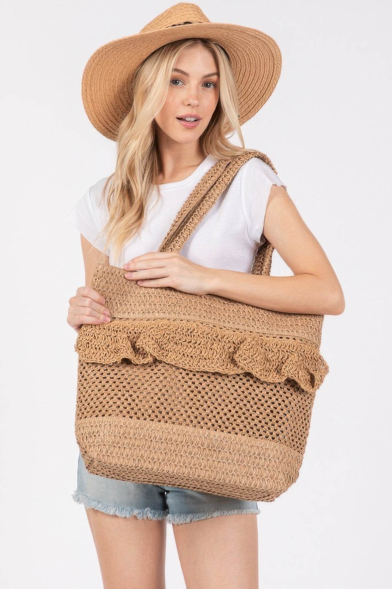 Ruffle Detail Crochet Straw Bag - us.meeeshop