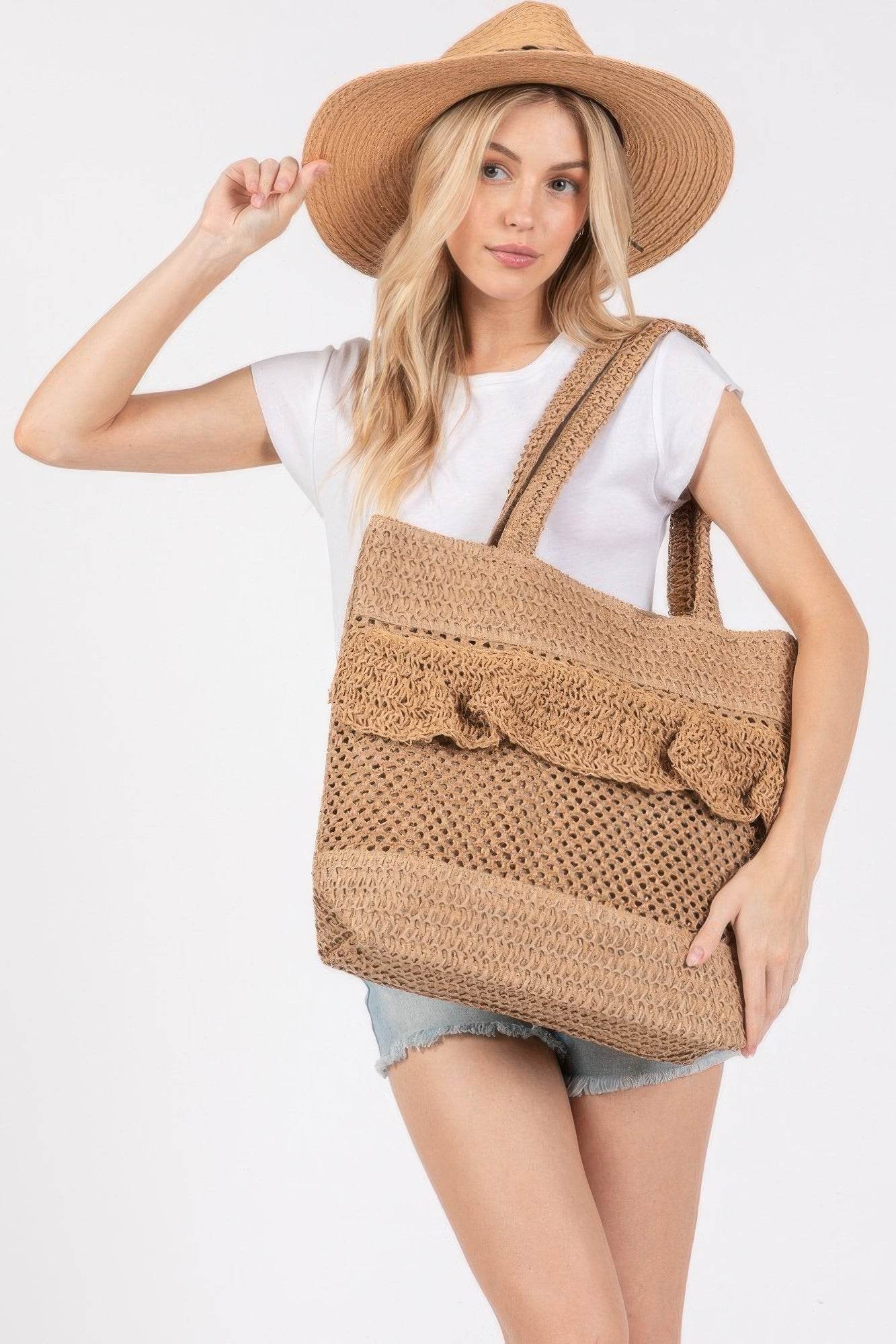 Ruffle Detail Crochet Straw Bag - us.meeeshop