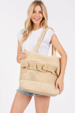 Ruffle Detail Crochet Straw Bag