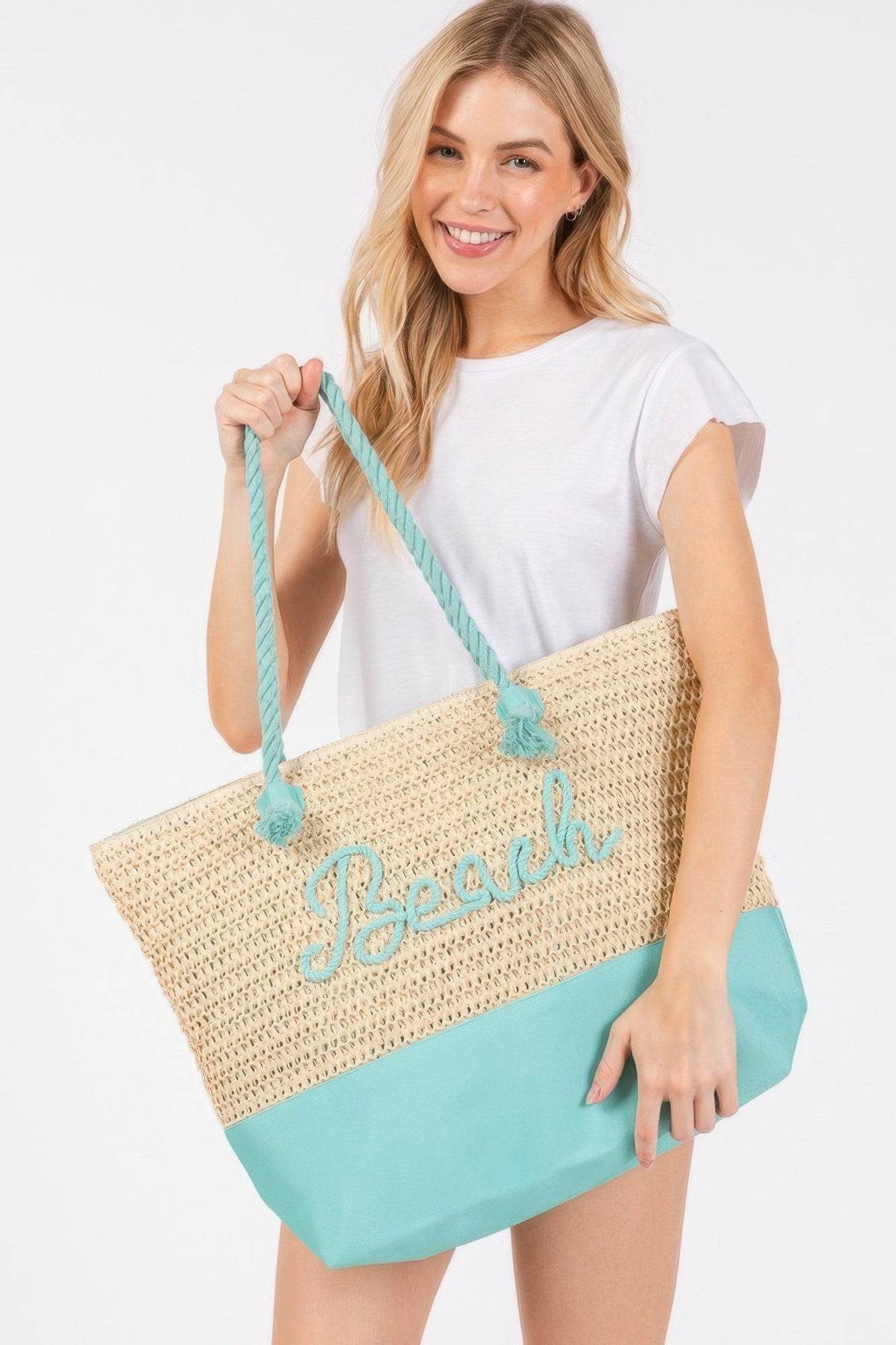 Color Sewn Rope Beach Letter And Strap Crochet Fabric Tote - us.meeeshop