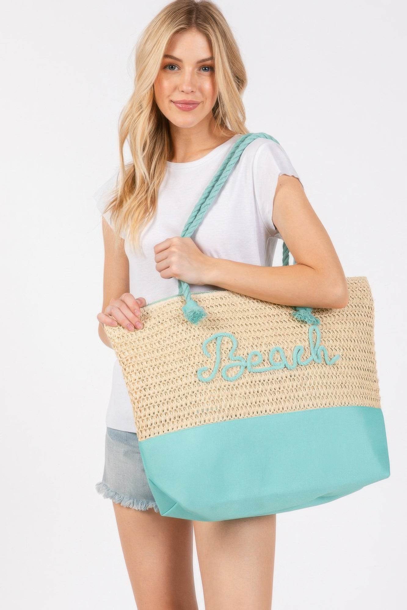 Color Sewn Rope Beach Letter And Strap Crochet Fabric Tote - us.meeeshop