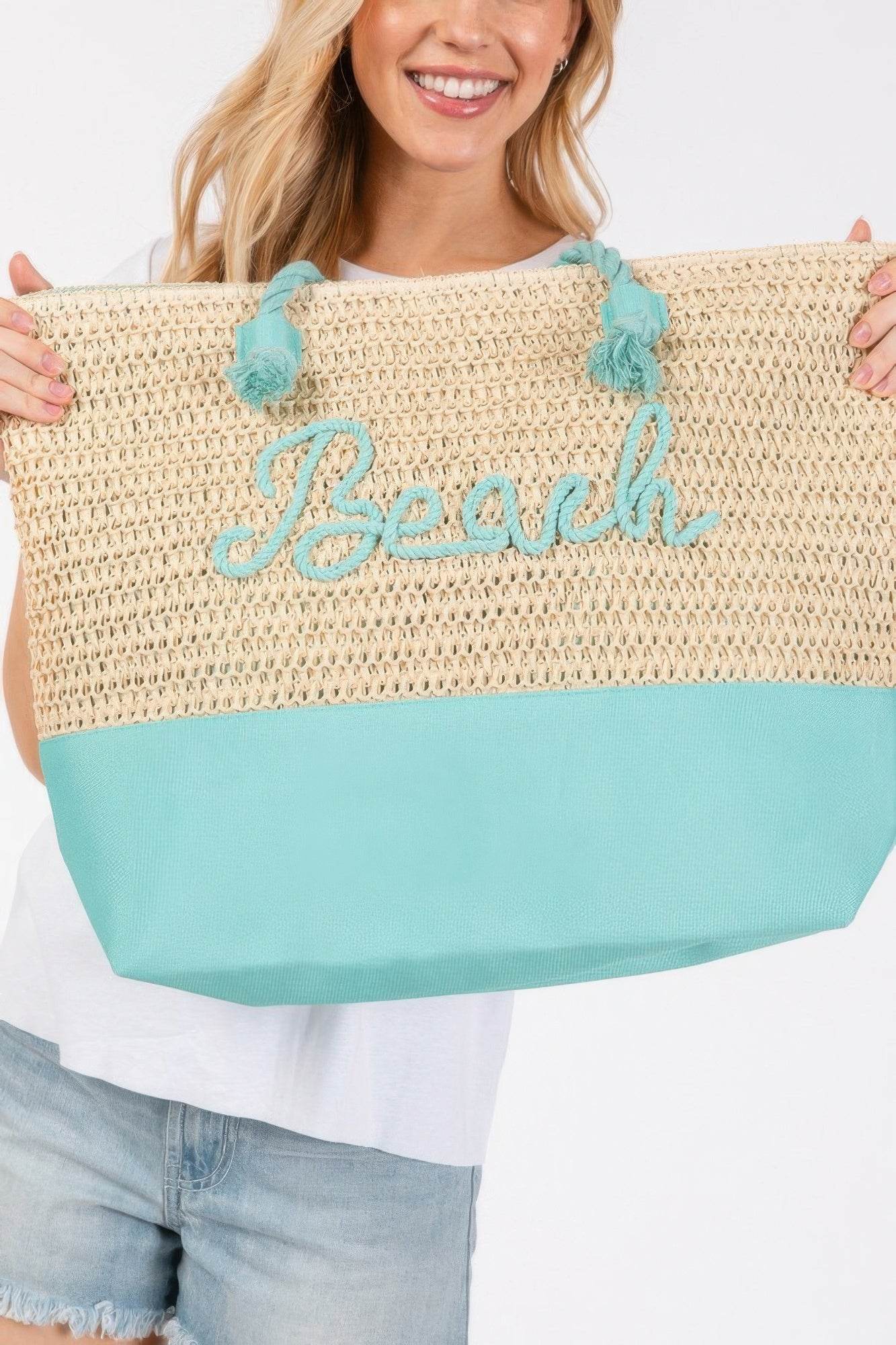 Color Sewn Rope Beach Letter And Strap Crochet Fabric Tote - us.meeeshop