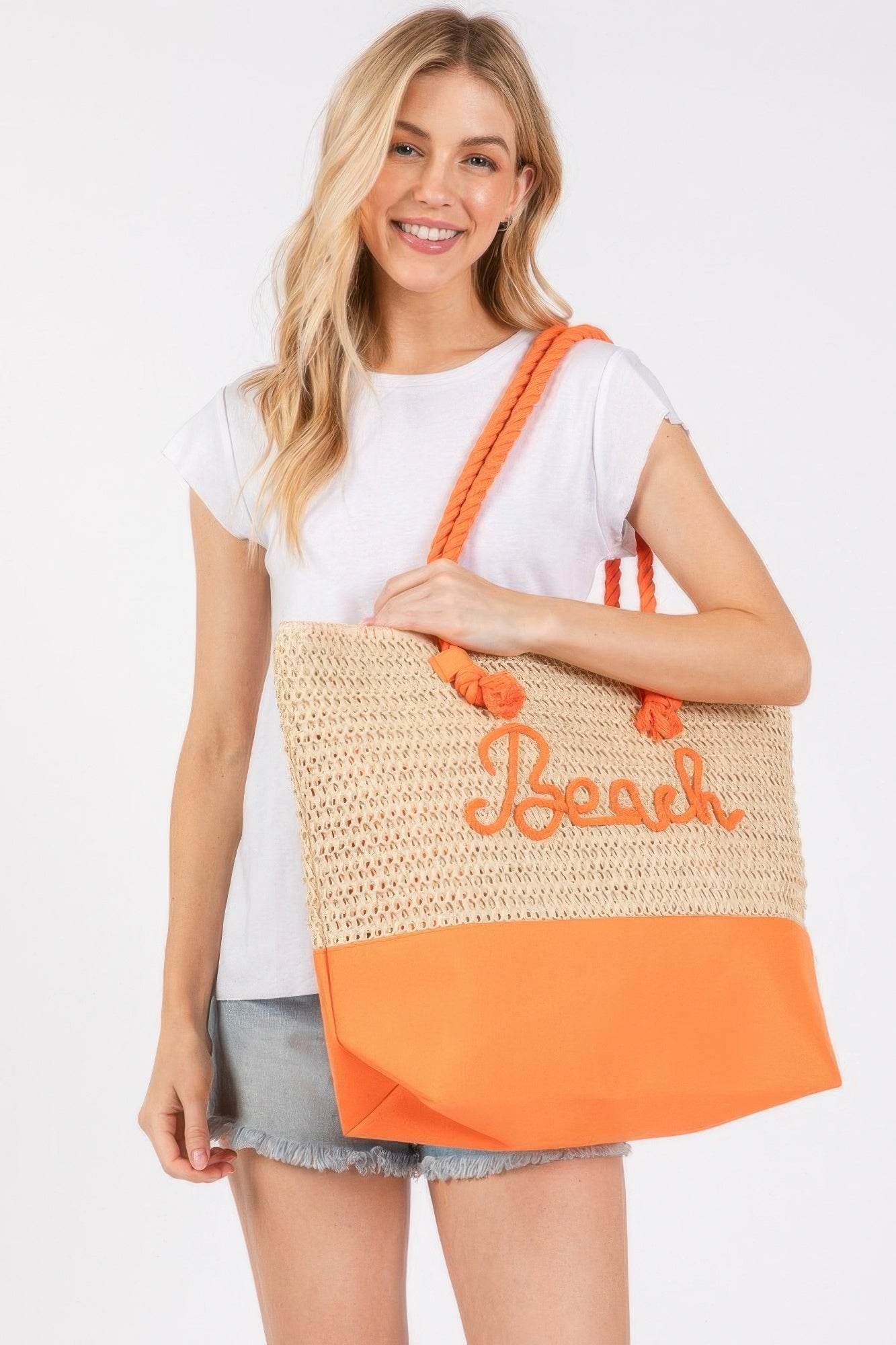 Color Sewn Rope Beach Letter And Strap Crochet Fabric Tote - us.meeeshop