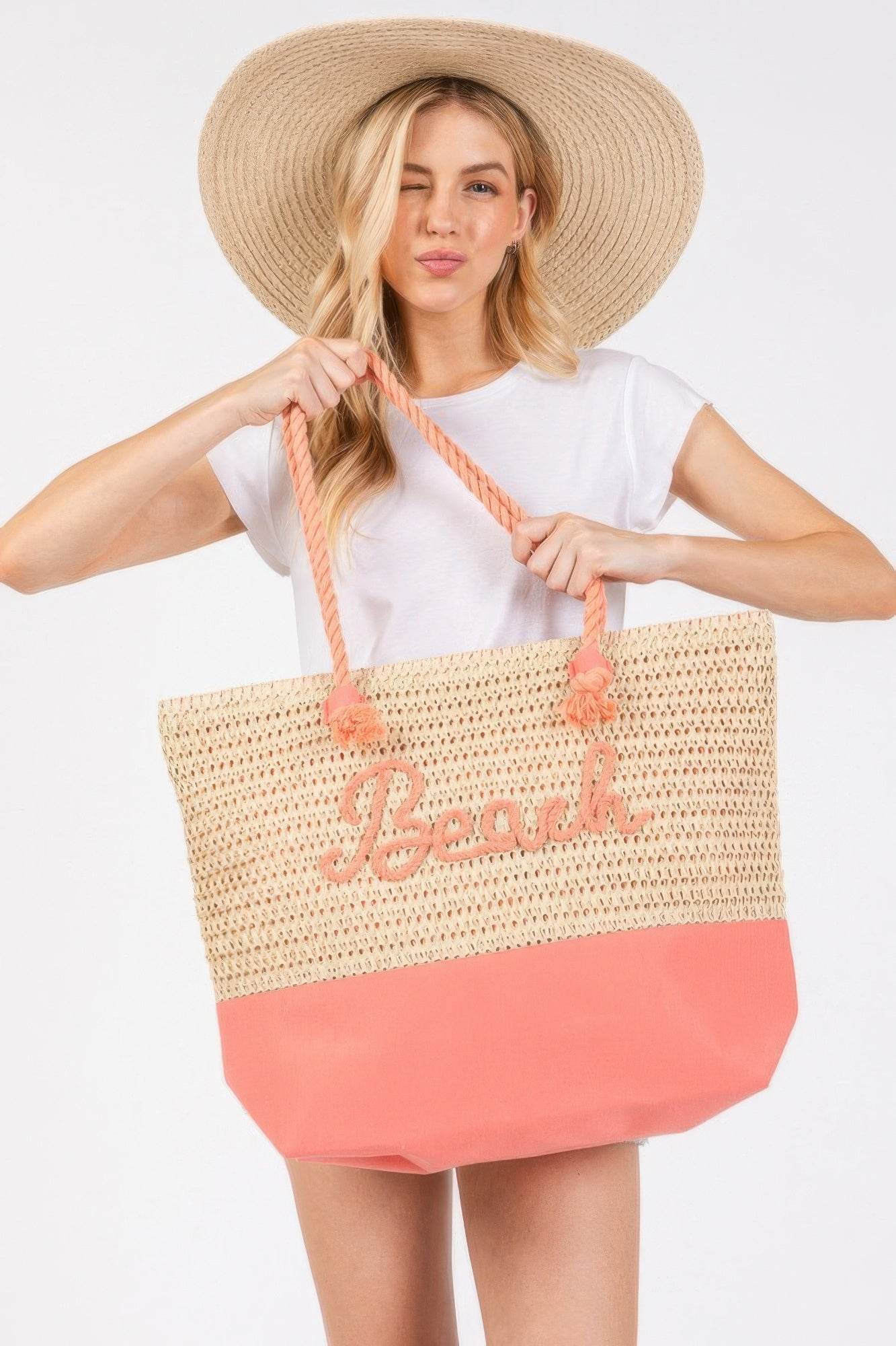 Color Sewn Rope Beach Letter And Strap Crochet Fabric Tote - us.meeeshop