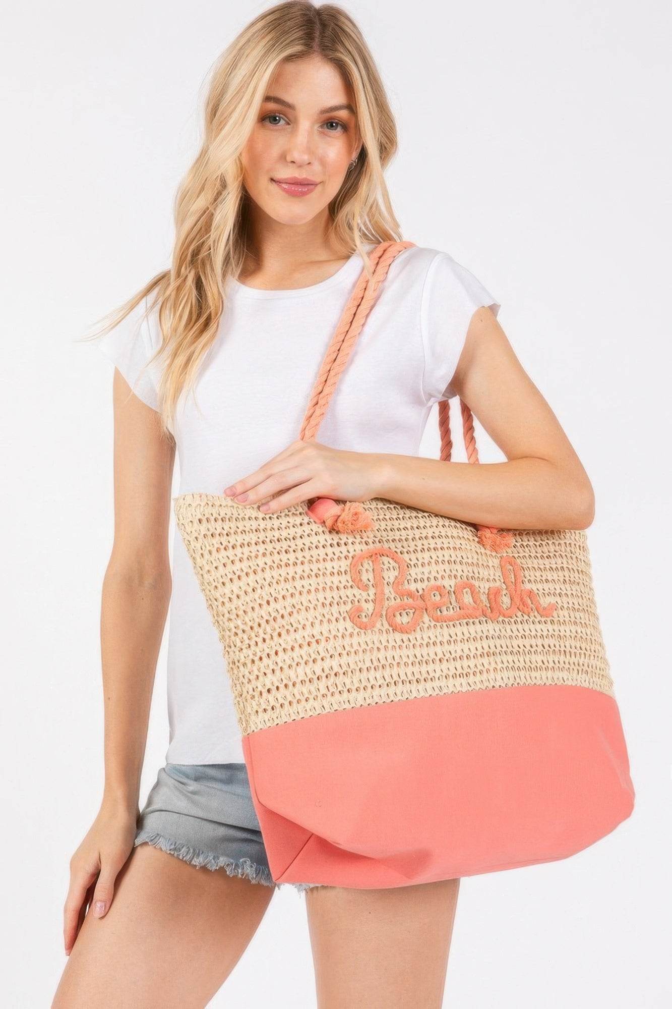 Color Sewn Rope Beach Letter And Strap Crochet Fabric Tote - us.meeeshop