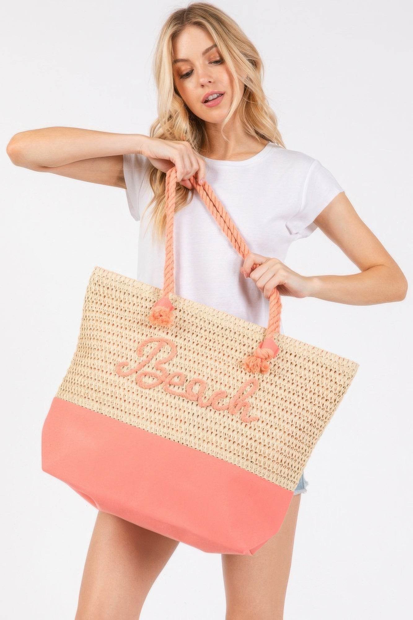 Color Sewn Rope Beach Letter And Strap Crochet Fabric Tote - us.meeeshop