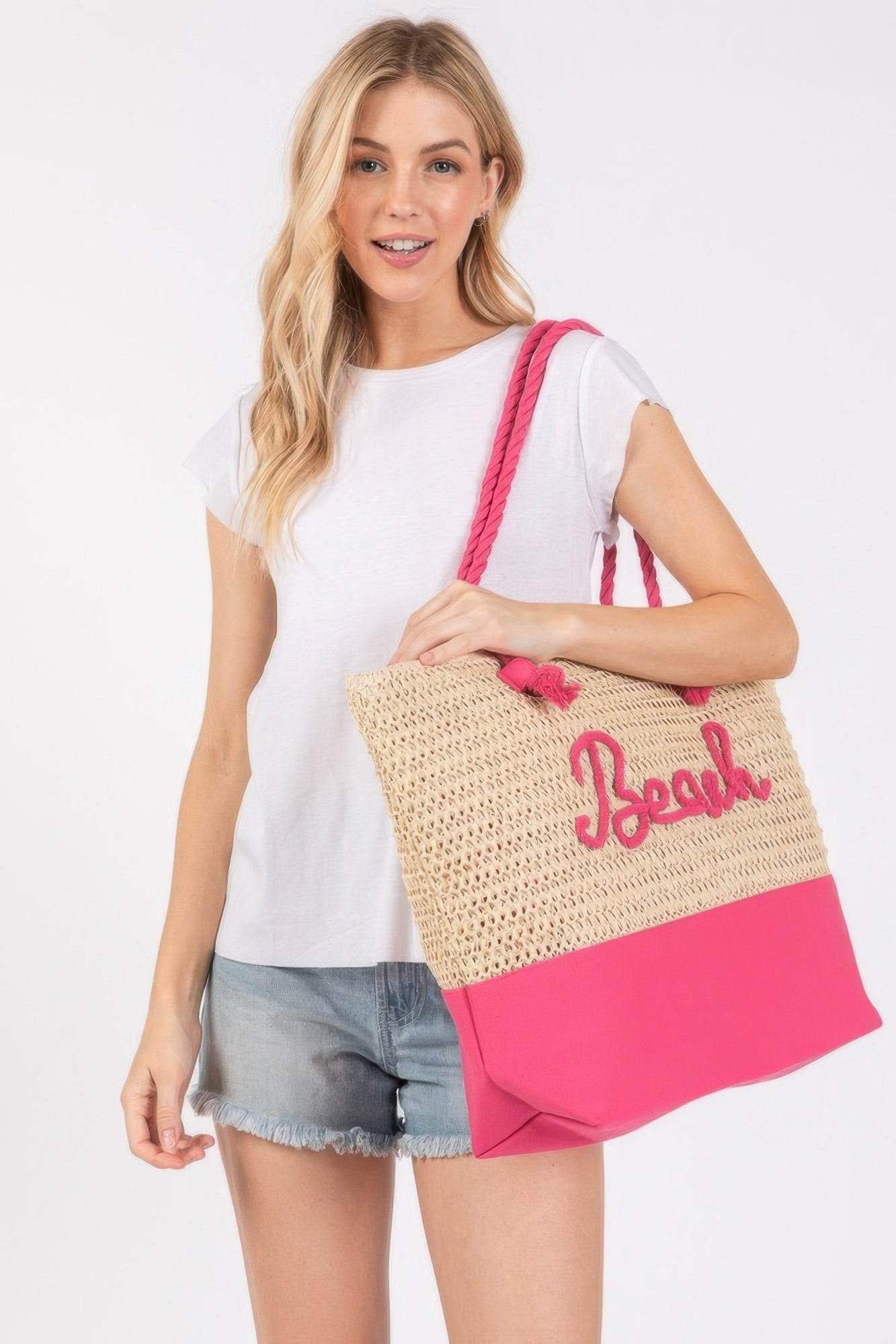 Color Sewn Rope Beach Letter And Strap Crochet Fabric Tote - us.meeeshop