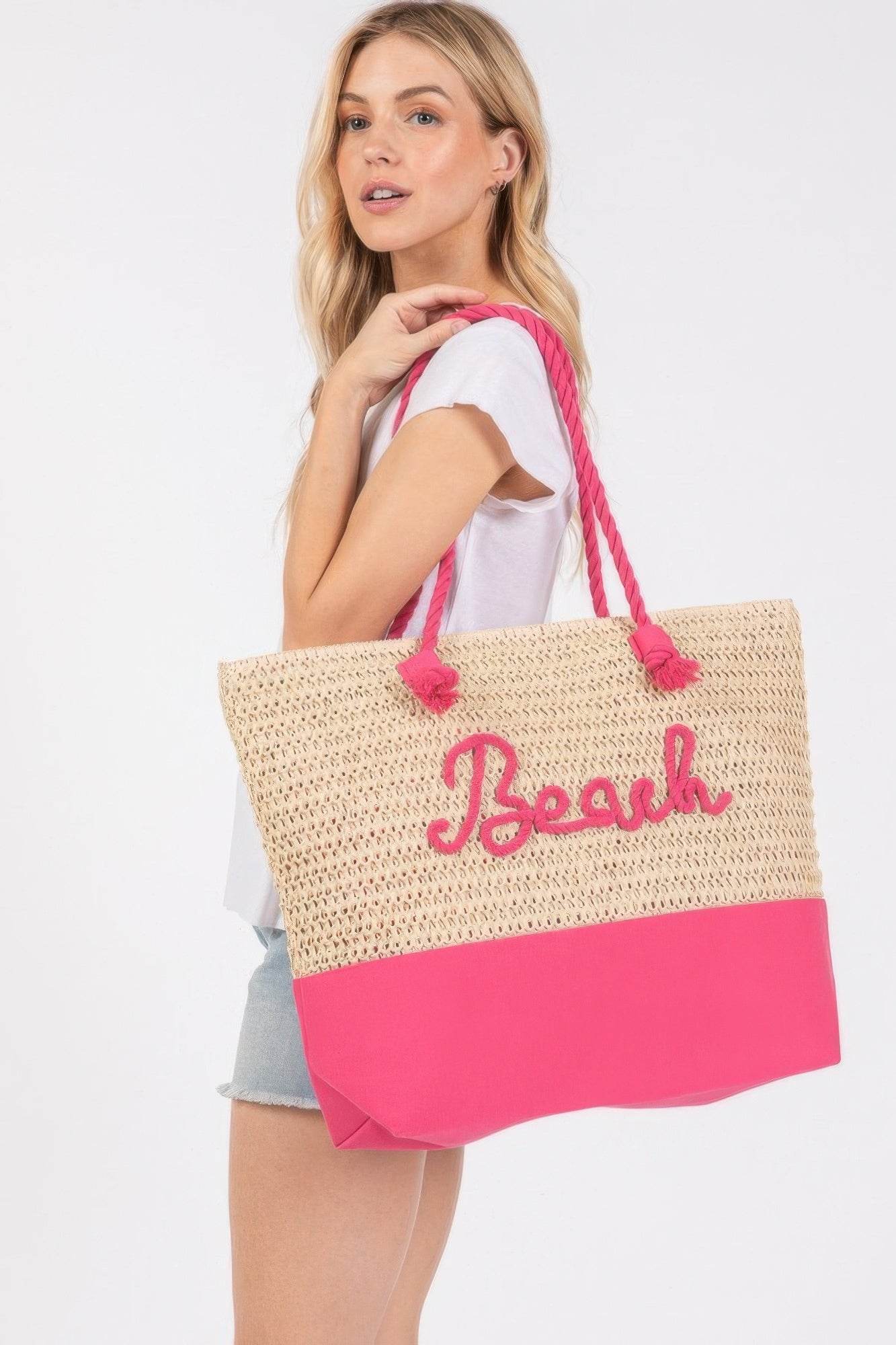 Color Sewn Rope Beach Letter And Strap Crochet Fabric Tote - us.meeeshop