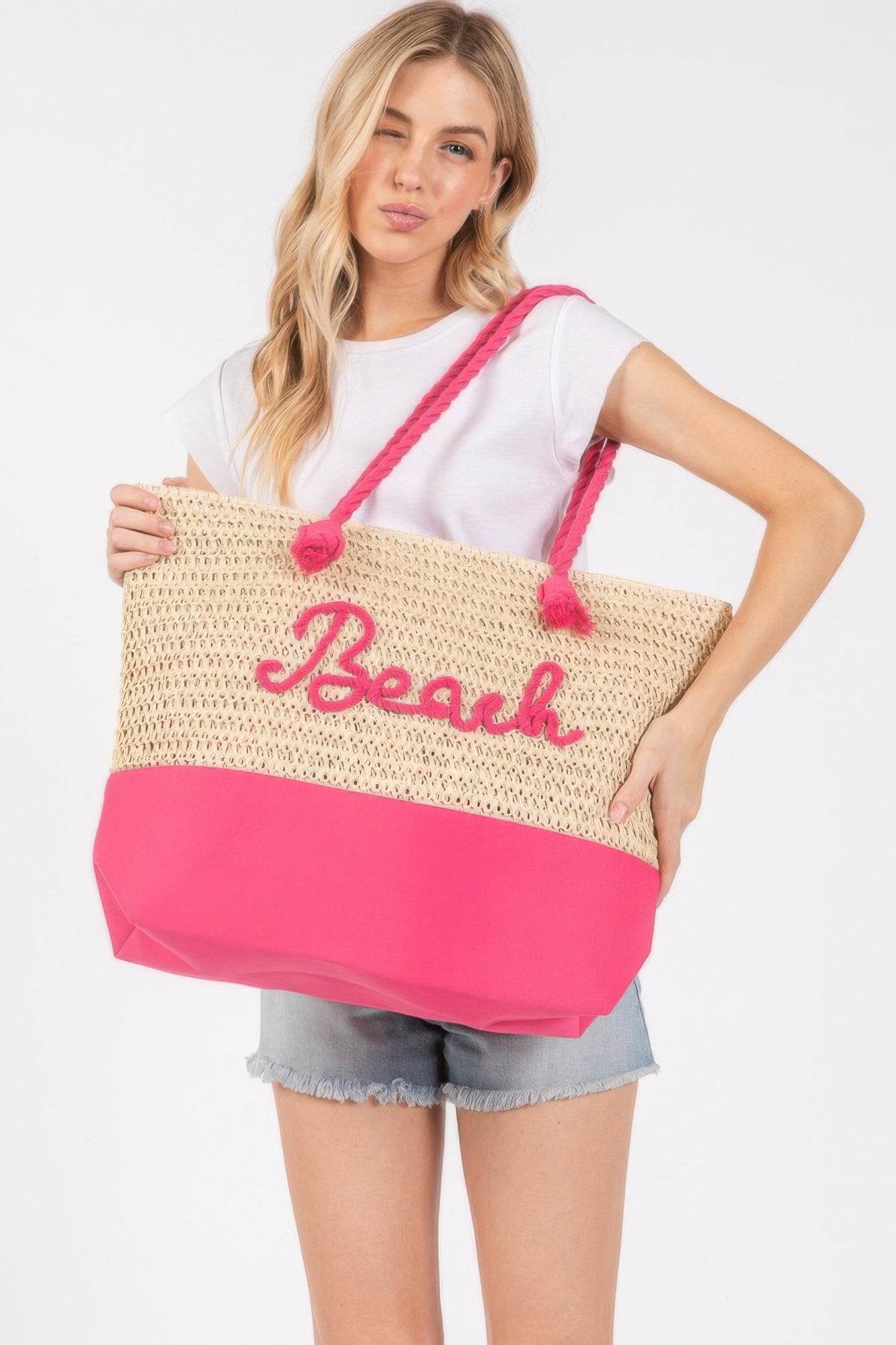 Color Sewn Rope Beach Letter And Strap Crochet Fabric Tote - us.meeeshop