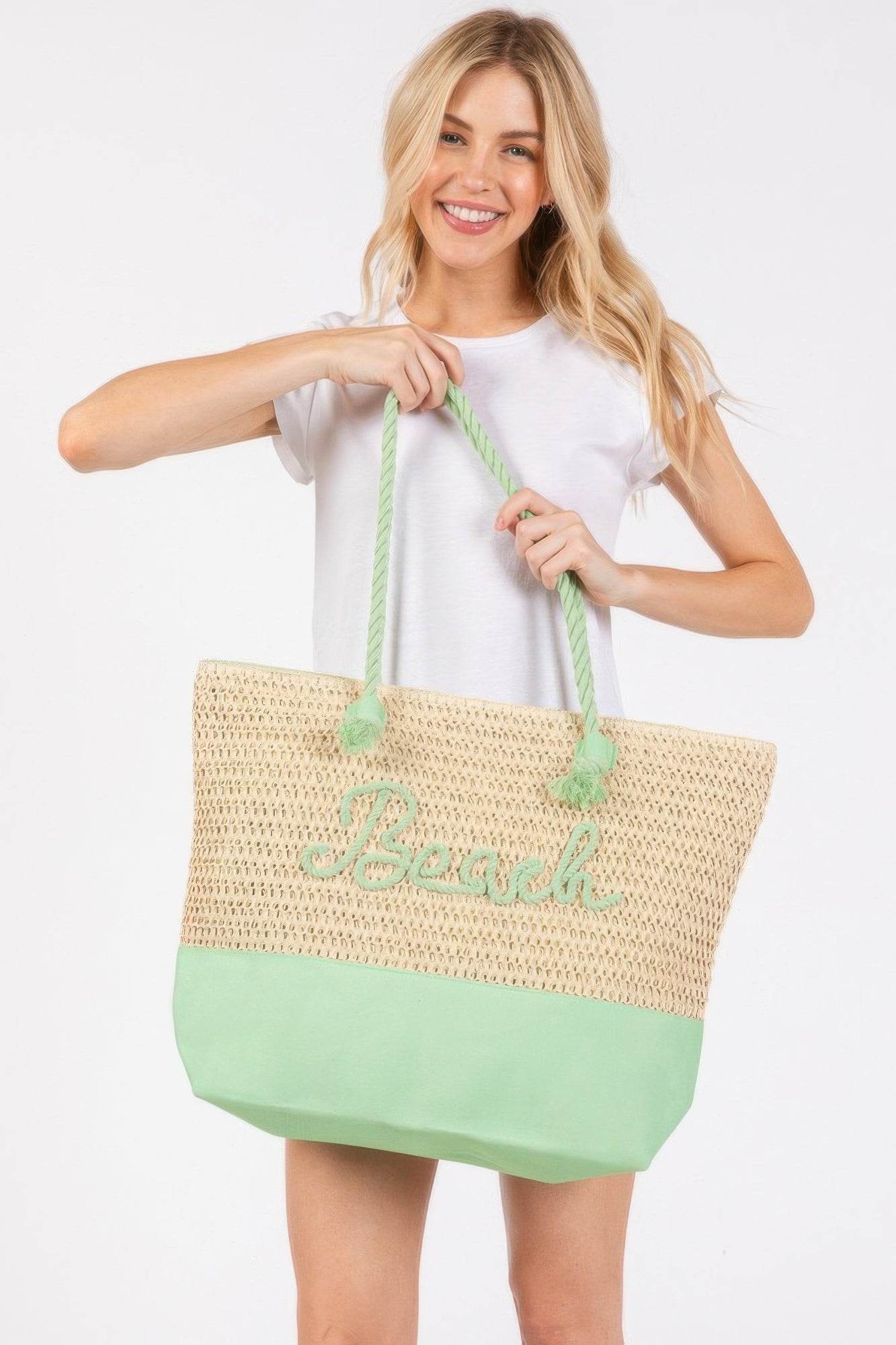 Color Sewn Rope Beach Letter And Strap Crochet Fabric Tote - us.meeeshop