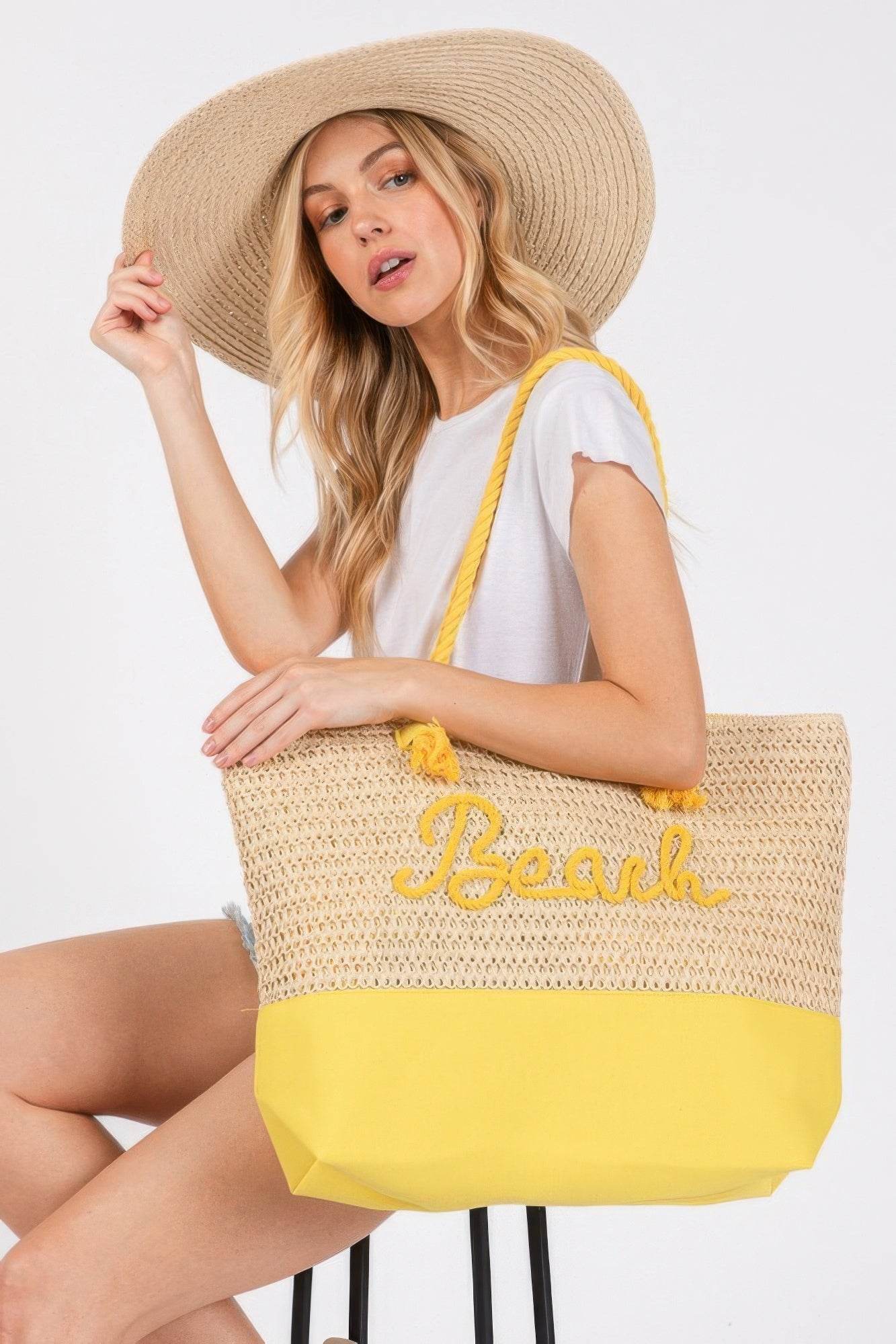 Color Sewn Rope Beach Letter And Strap Crochet Fabric Tote - us.meeeshop