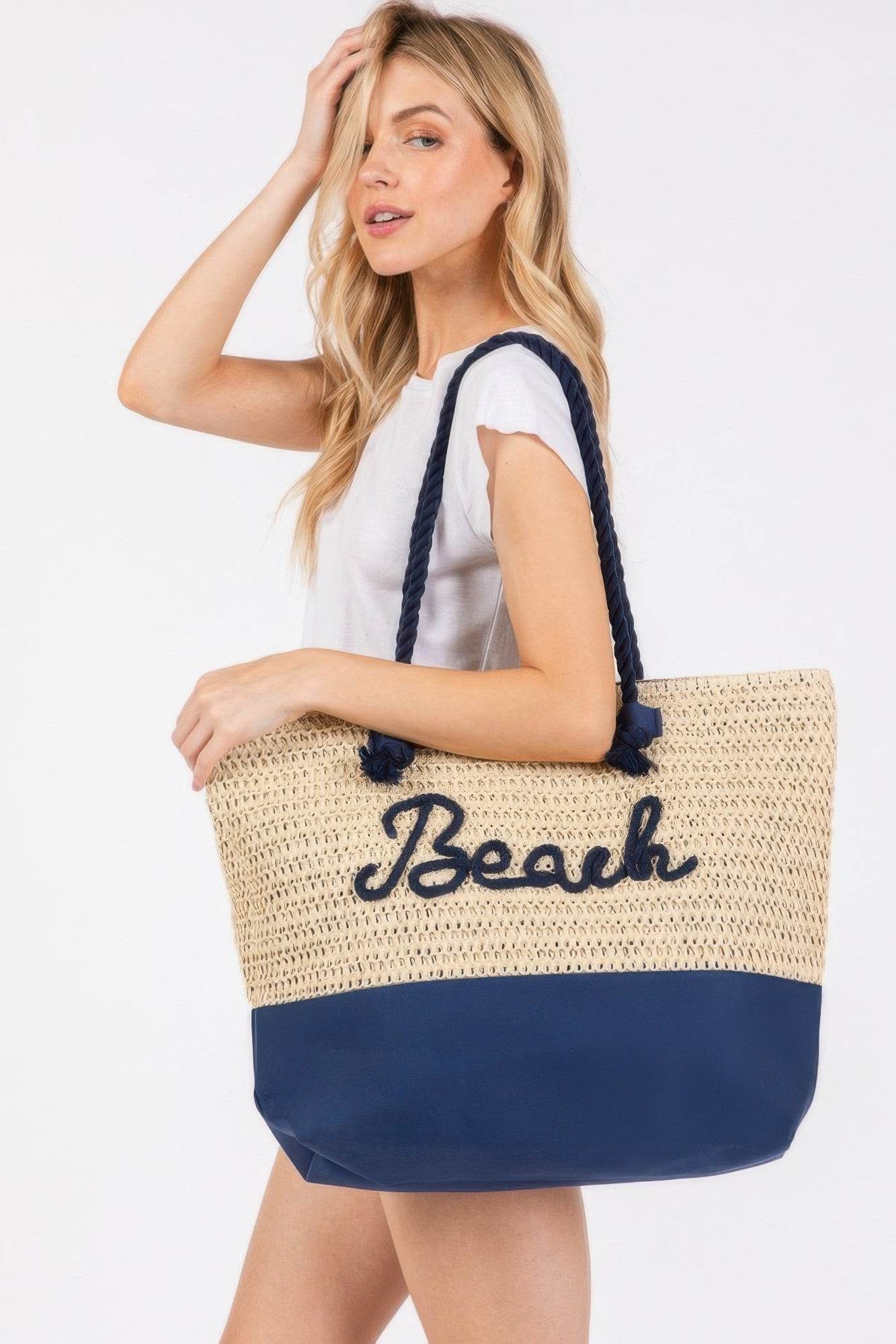 Color Sewn Rope Beach Letter And Strap Crochet Fabric Tote - us.meeeshop