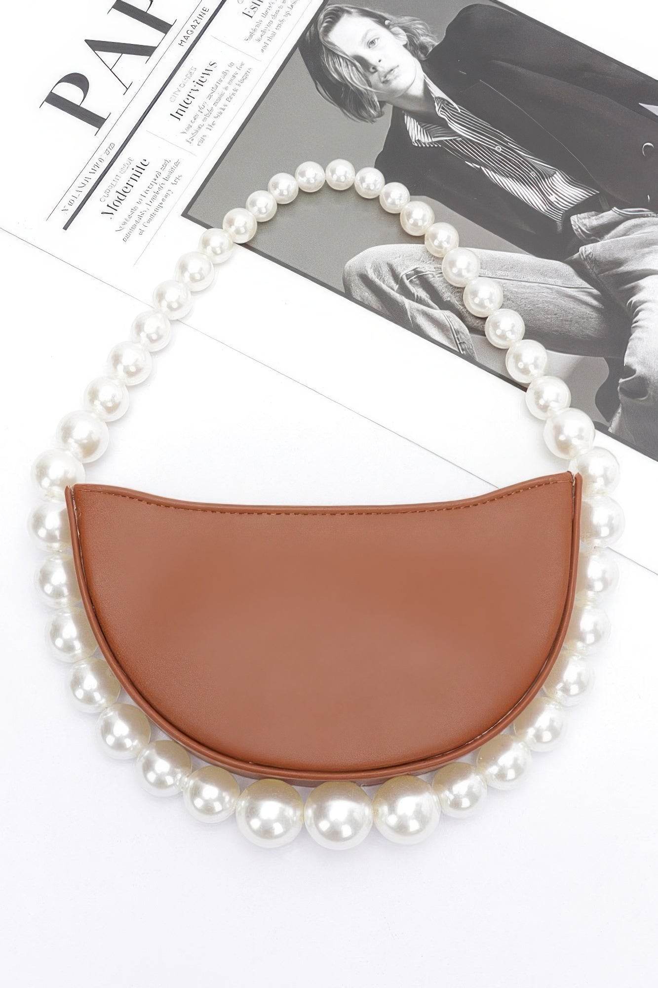 Faux Pearl Handle Half Moon Bag - us.meeeshop