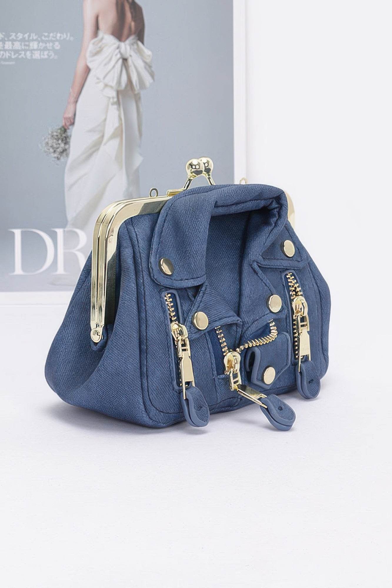 Faux Denim Leather Jacket Style Crossbody Bag - us.meeeshop