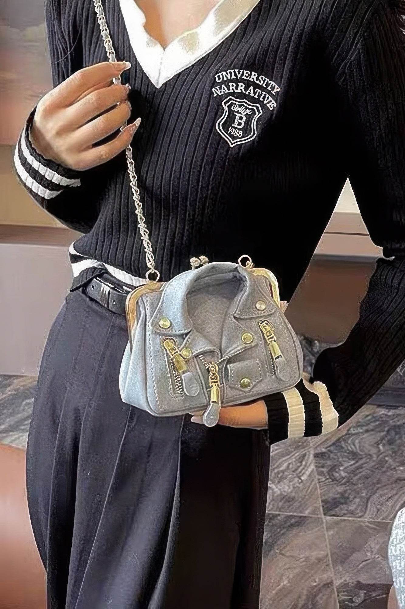 Faux Denim Leather Jacket Style Crossbody Bag - us.meeeshop