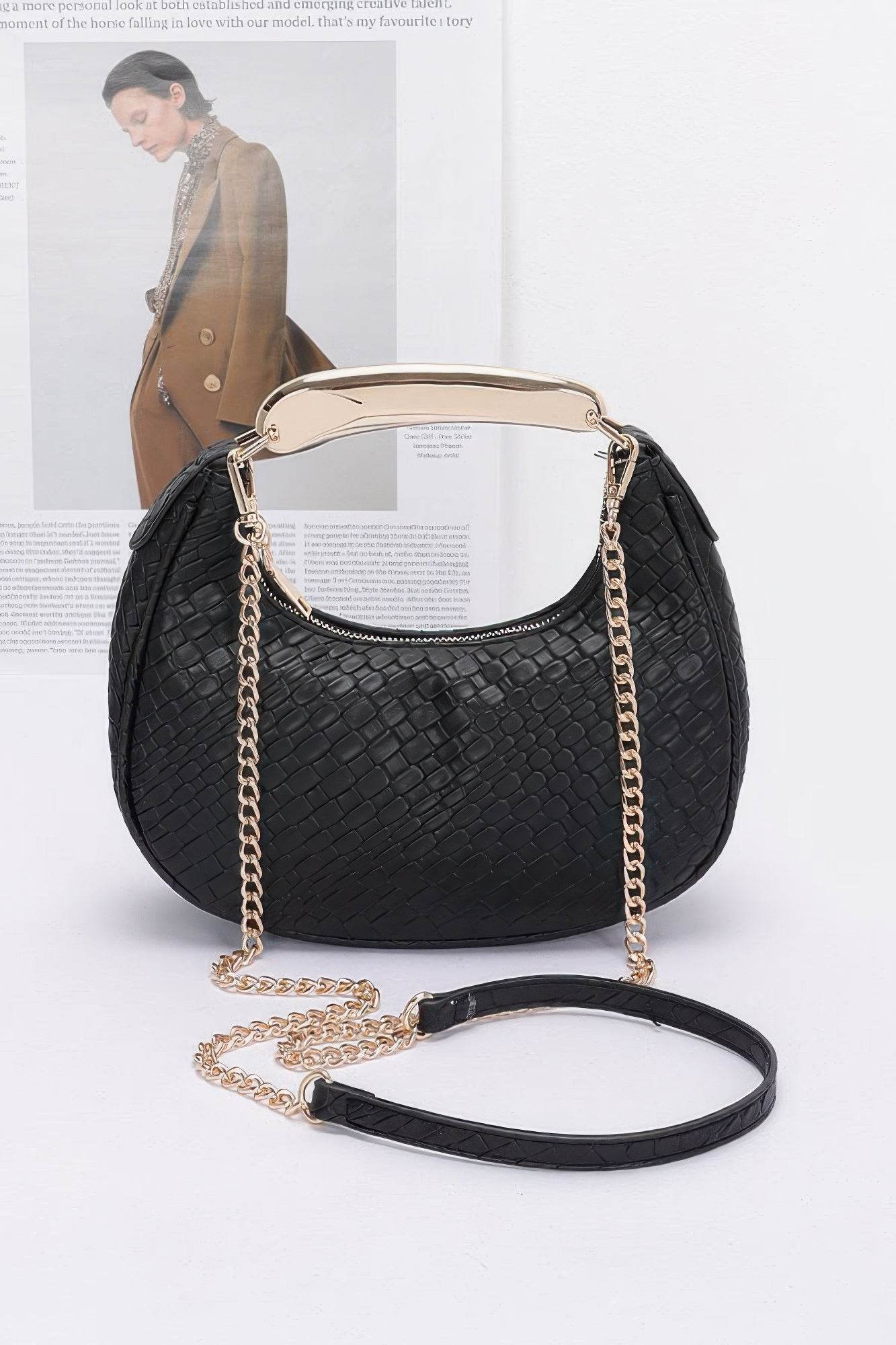 Embossed Faux Leather Metal Handle Bag - us.meeeshop