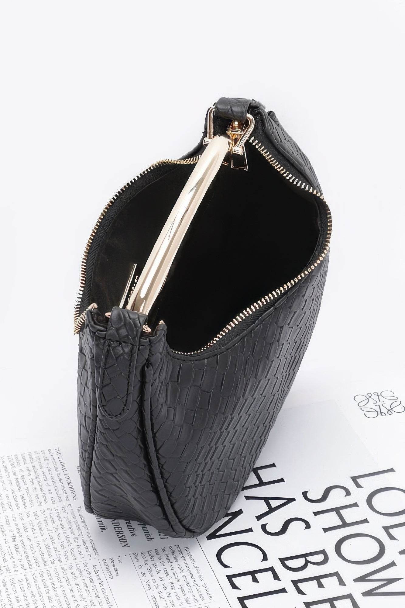 Embossed Faux Leather Metal Handle Bag - us.meeeshop