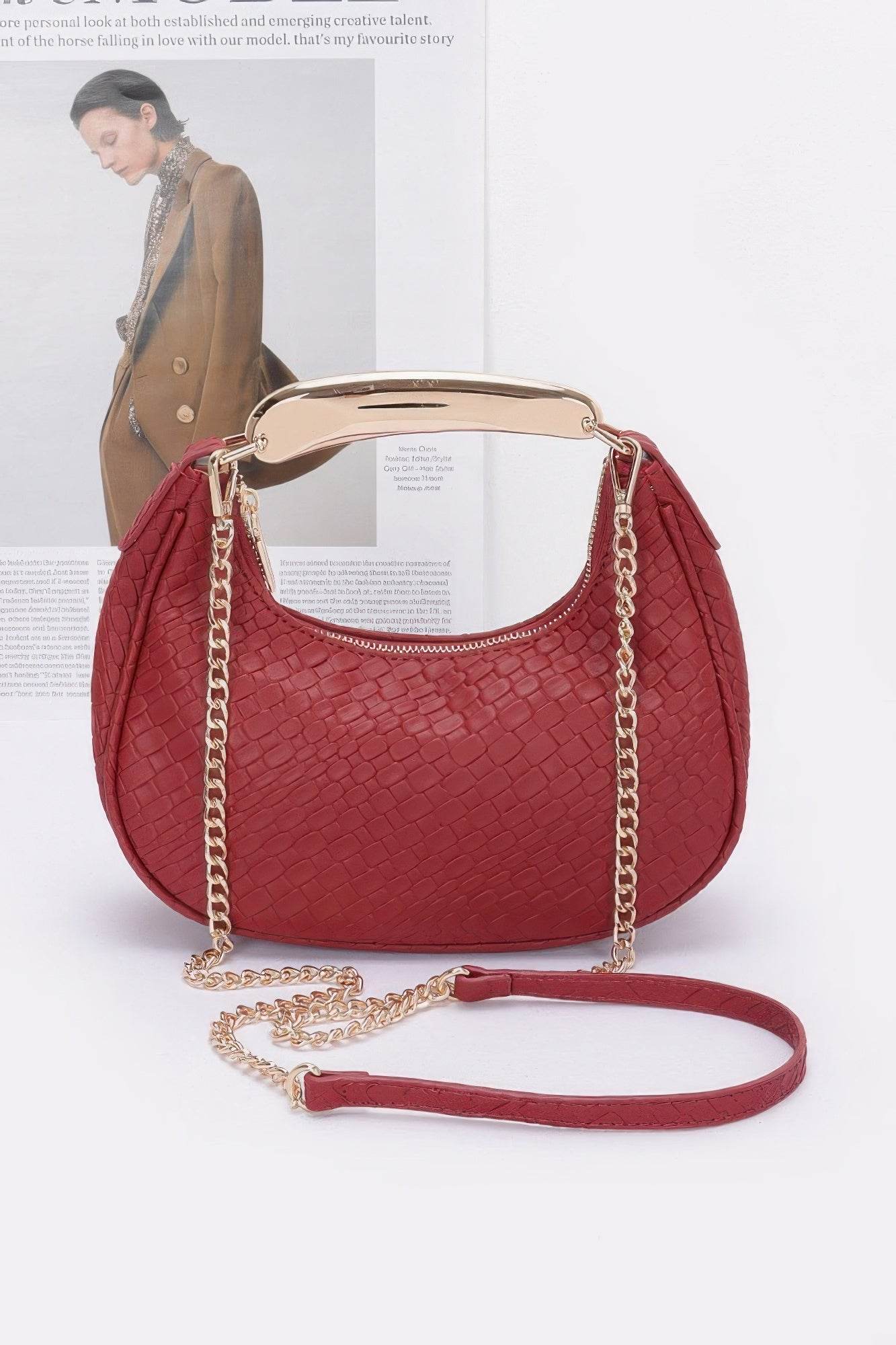 Embossed Faux Leather Metal Handle Bag - us.meeeshop