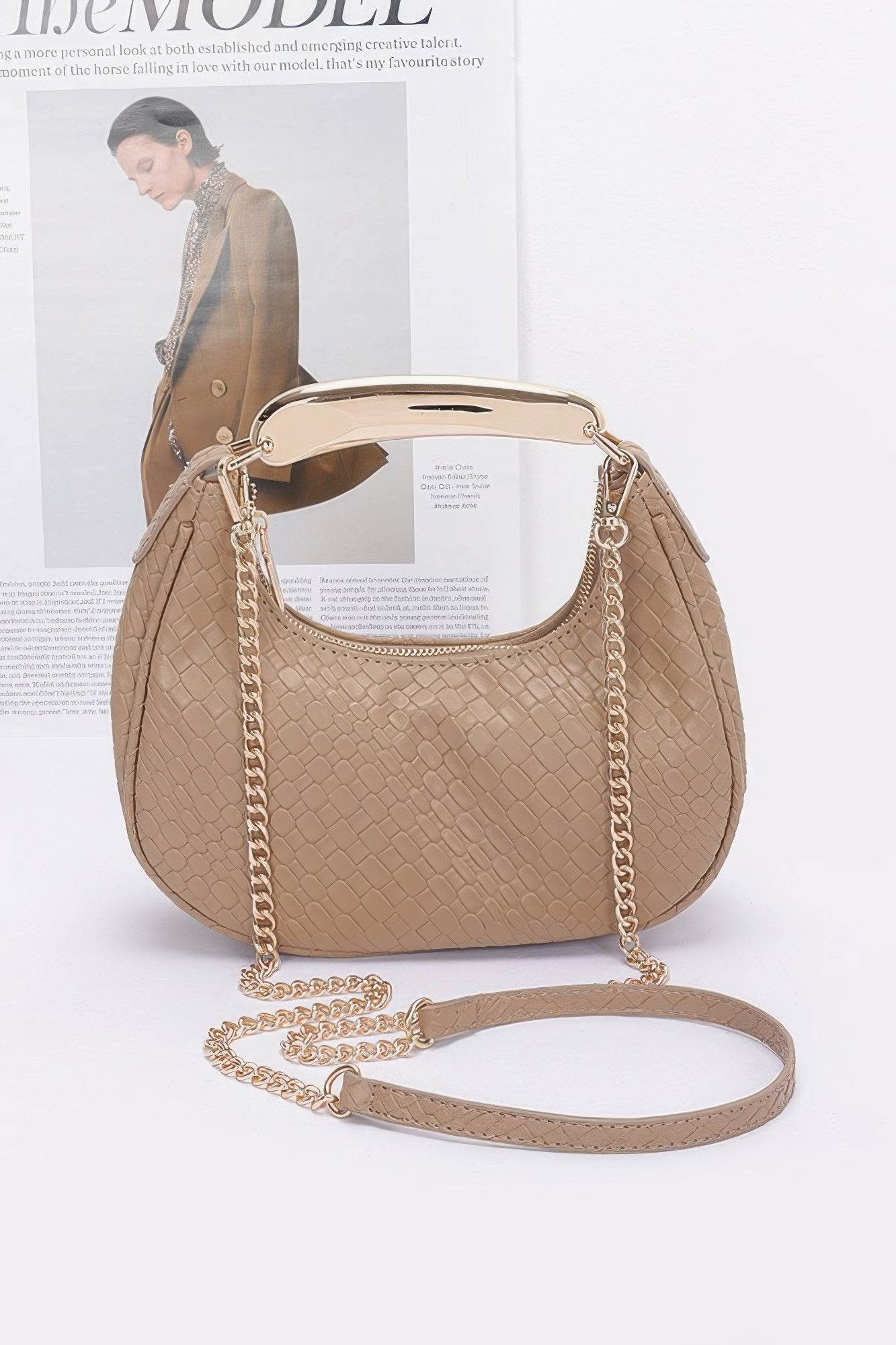 Embossed Faux Leather Metal Handle Bag - us.meeeshop