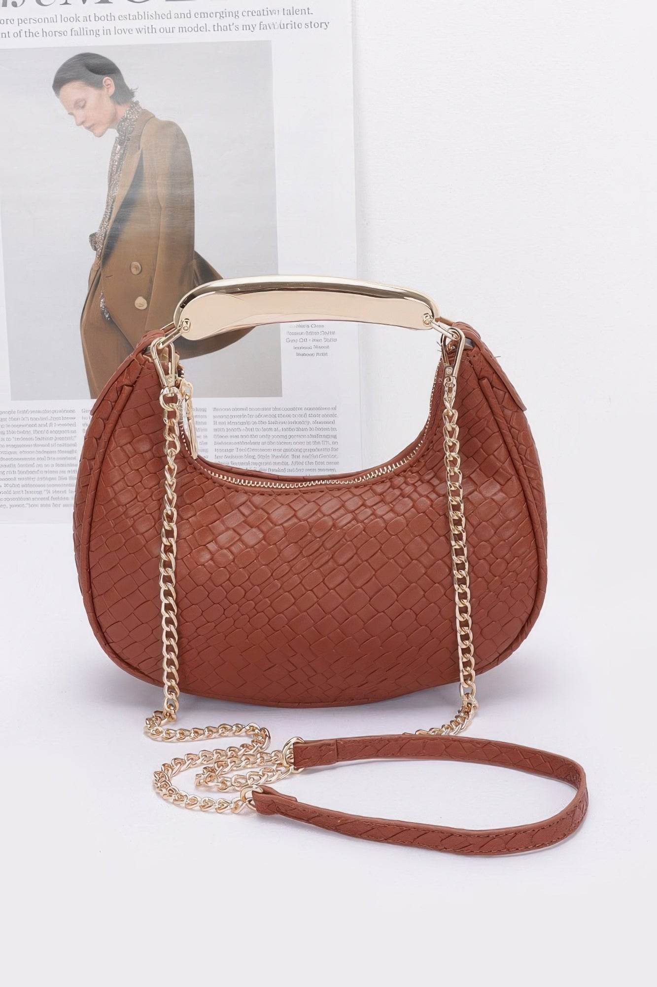 Embossed Faux Leather Metal Handle Bag - us.meeeshop