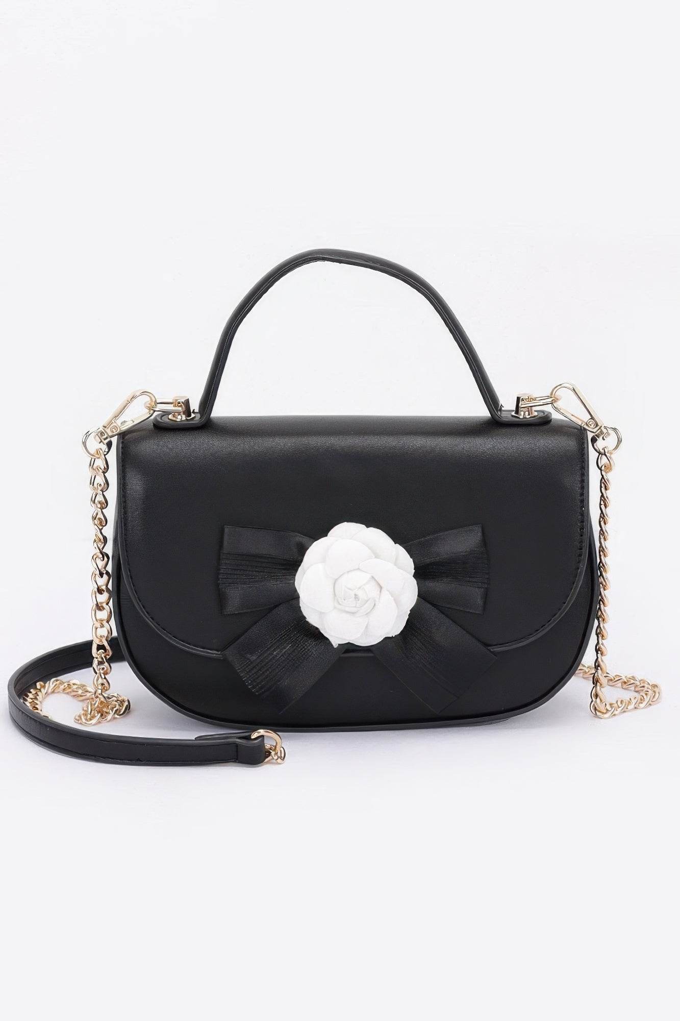 Faux Leather Flower Ribbon Top Handle Flap Bag - us.meeeshop