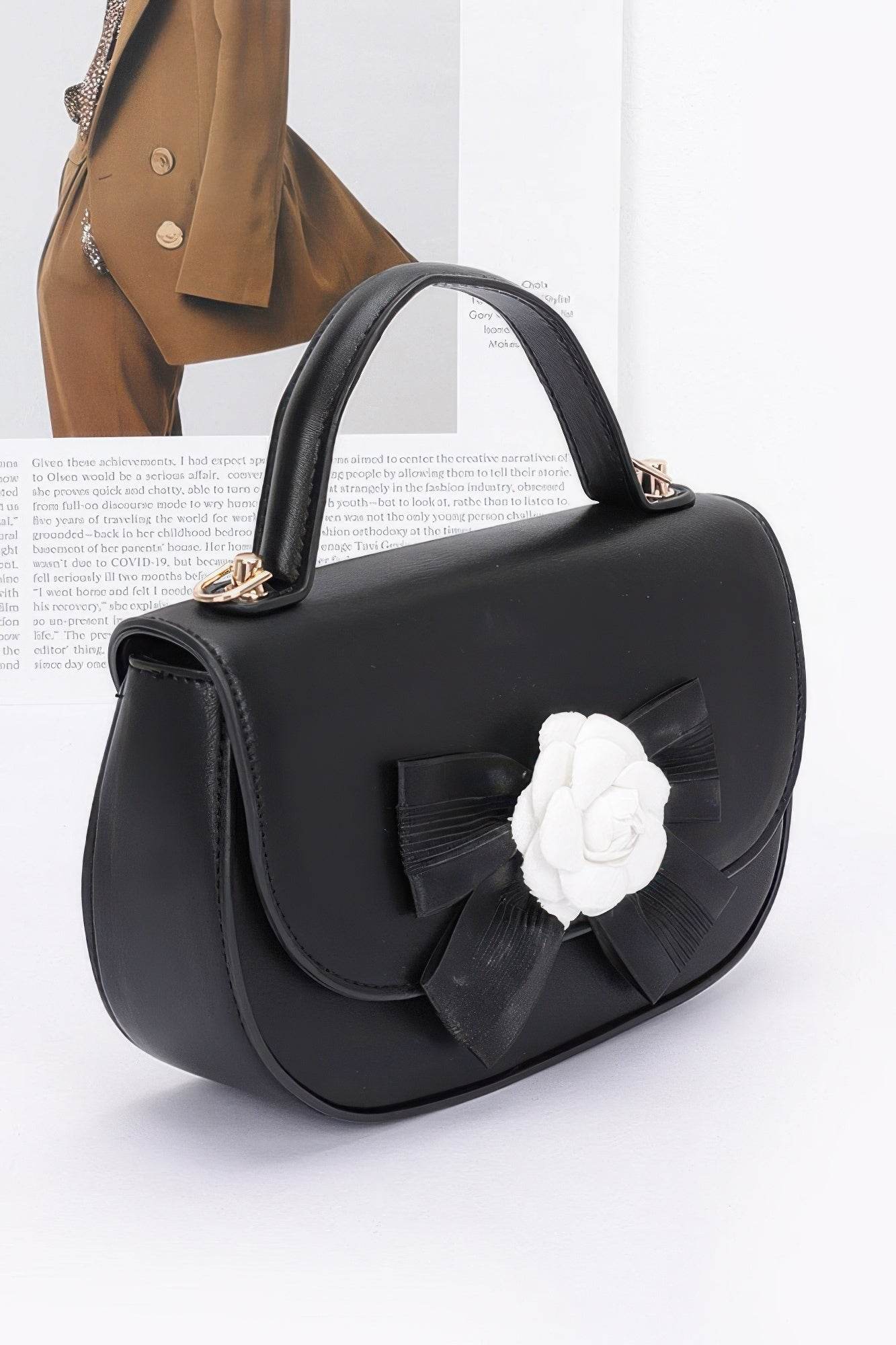 Faux Leather Flower Ribbon Top Handle Flap Bag - us.meeeshop