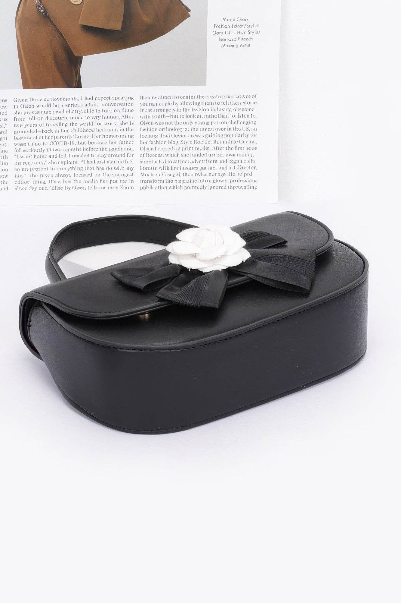 Faux Leather Flower Ribbon Top Handle Flap Bag - us.meeeshop