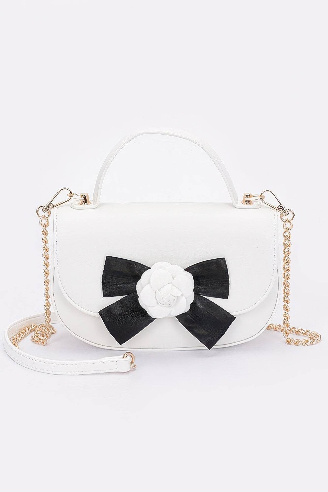 Faux Leather Flower Ribbon Top Handle Flap Bag - us.meeeshop