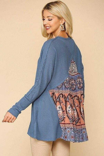 Waffle Knit And Woven Print Mixed Hi Low Flowy Tunic Top | us.meeeshop