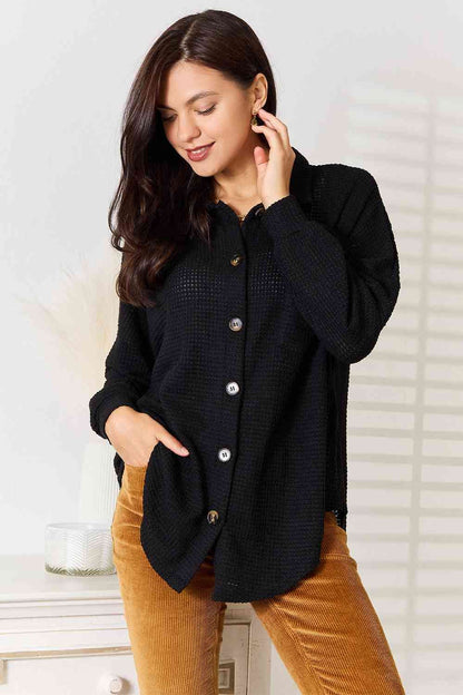 Waffle-Knit Collared Neck Dropped Shoulder Shirt us.meeeshop - 