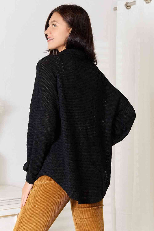 Waffle-Knit Collared Neck Dropped Shoulder Shirt - us.meeeshop