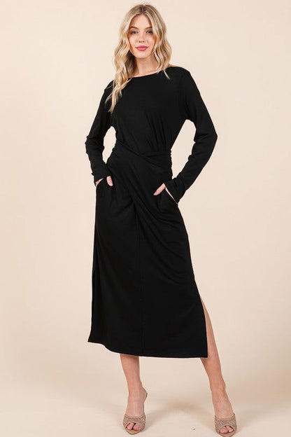 Waist Wrap Dress-with Pockets-SOLID us.meeeshop - Dresses