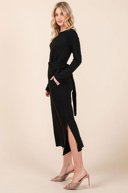 Waist Wrap Dress-with Pockets-SOLID us.meeeshop - 