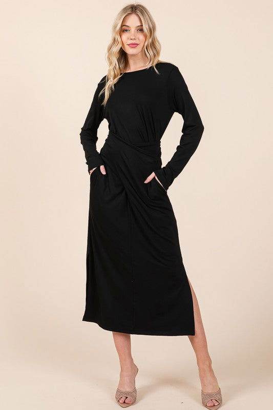 Waist Wrap Dress-with Pockets-SOLID - us.meeeshop