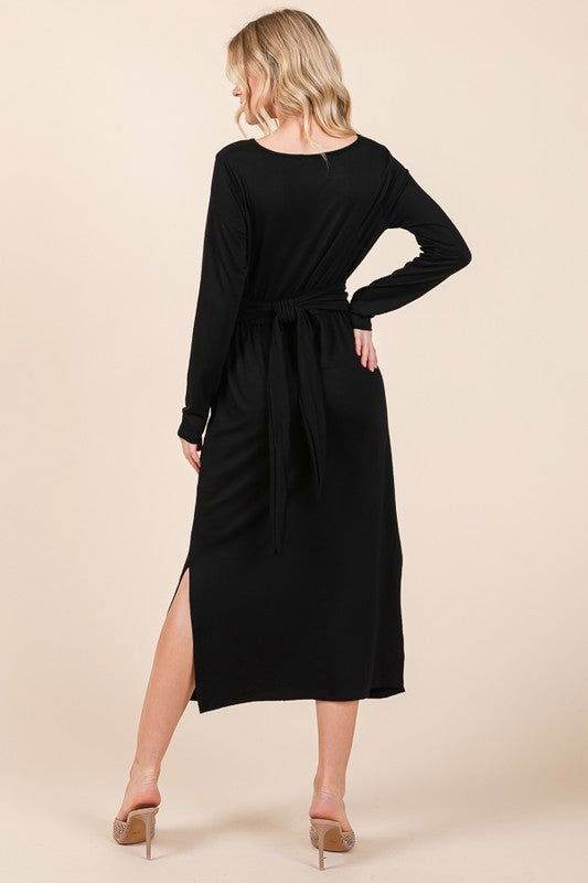 Waist Wrap Dress-with Pockets-SOLID - us.meeeshop