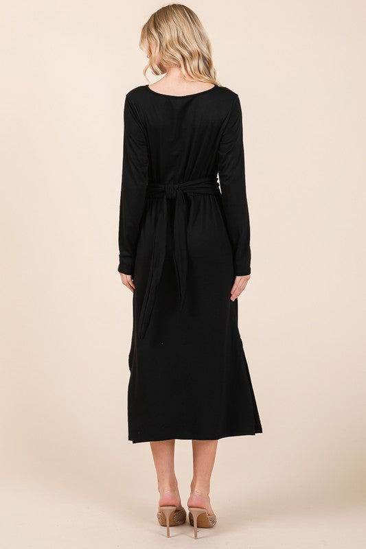 Waist Wrap Dress-with Pockets-SOLID - us.meeeshop