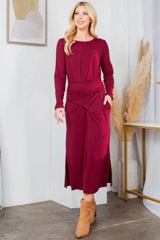 Waist Wrap Dress-with Pockets-SOLID - us.meeeshop