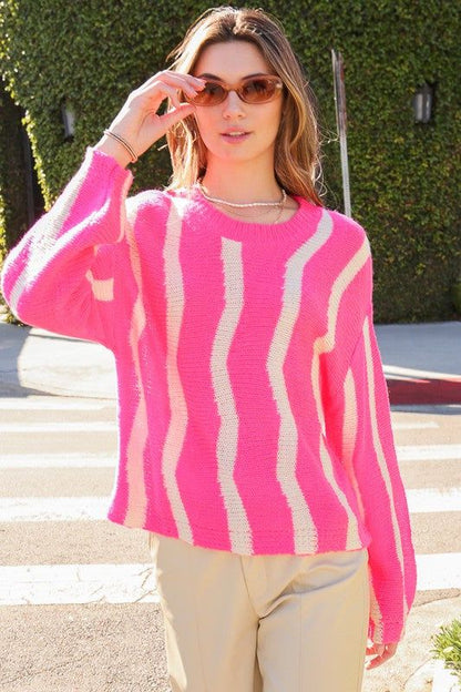 Wave Stripe Pattern Drop Shoulder Top us.meeeshop - 