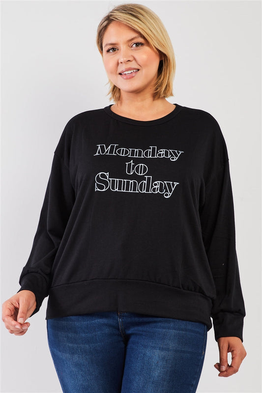 Black "monday Sunday" Print Long Sleeve Relaxed Sweatshirt Top | us.meeeshop