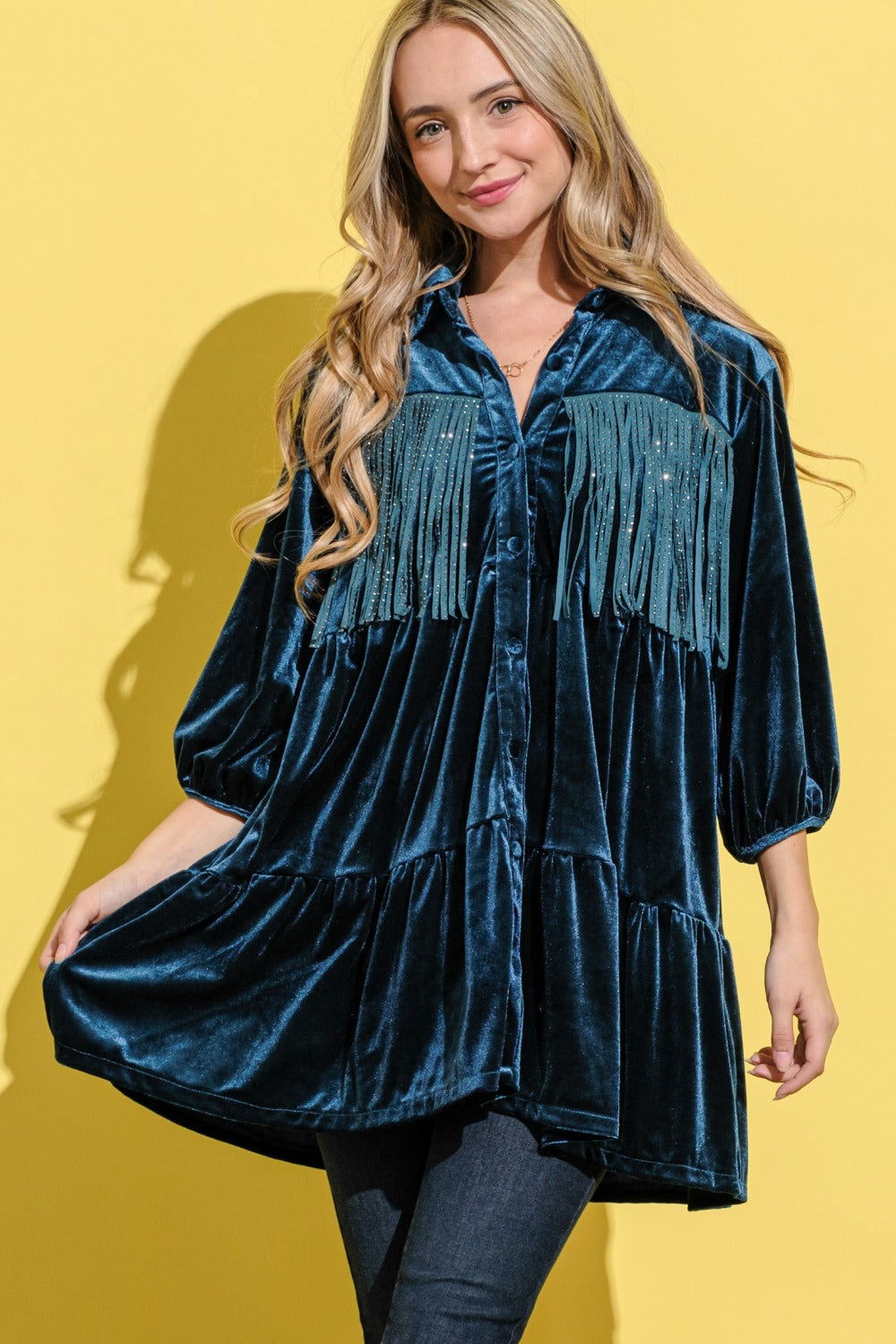 Women's And The Why Fringe Detailed Velvet Shirt Dress - us.meeeshop