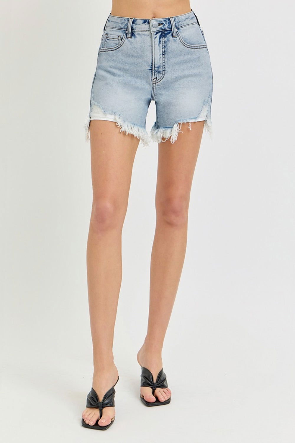 Women's RISEN High Rise Side Step Hem Denim Shorts - us.meeeshop