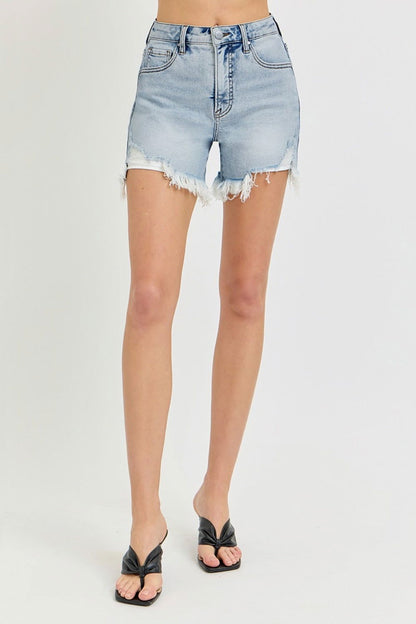 Women's RISEN High Rise Side Step Hem Denim Shorts - us.meeeshop