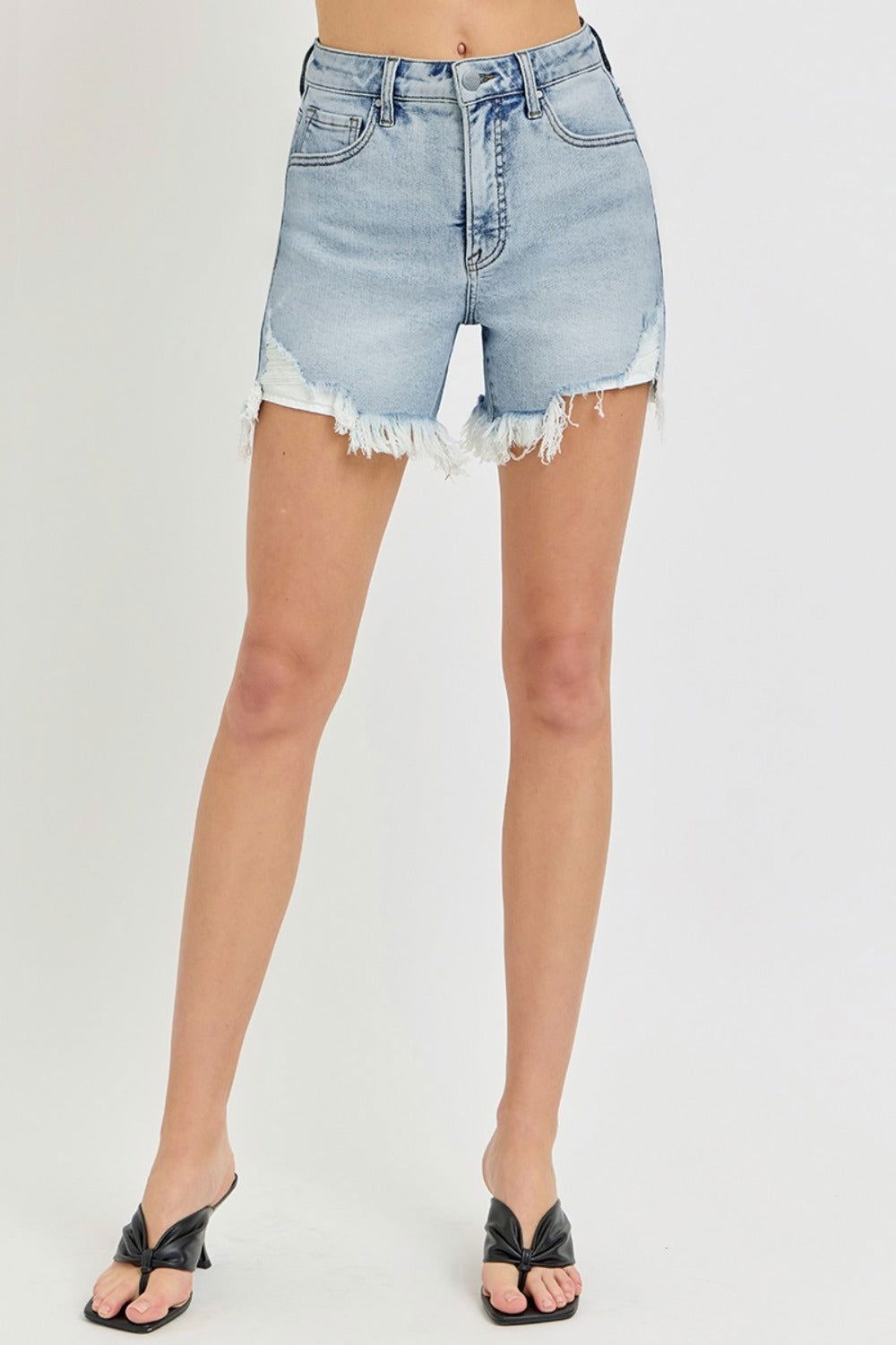 Women's RISEN High Rise Side Step Hem Denim Shorts - us.meeeshop