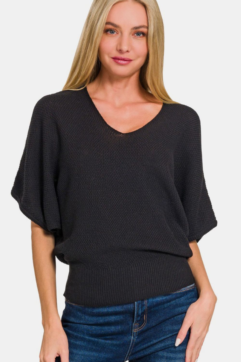 Women's Zenana V-Neck Short Sleeve Dolman Sweater - us.meeeshop