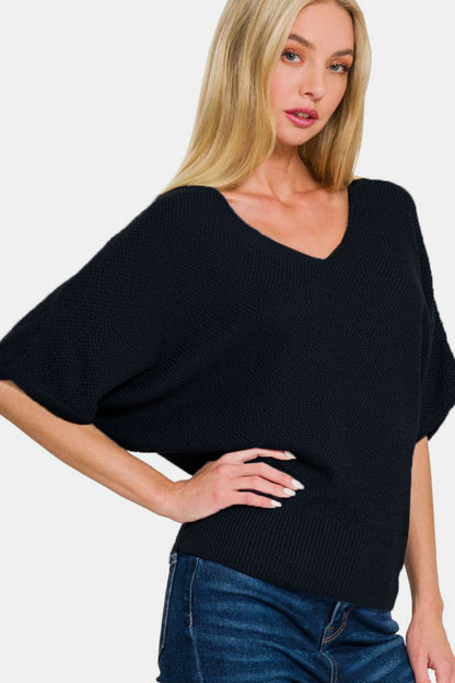 Women's Zenana V-Neck Short Sleeve Dolman Sweater - us.meeeshop