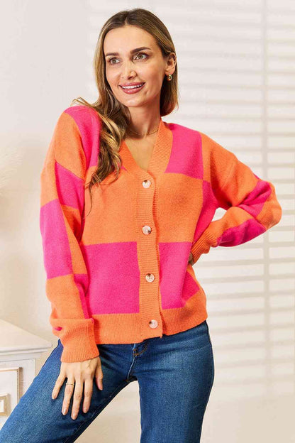 Woven Right Checkered V-Neck Dropped Shoulder Cardigan us.meeeshop - 