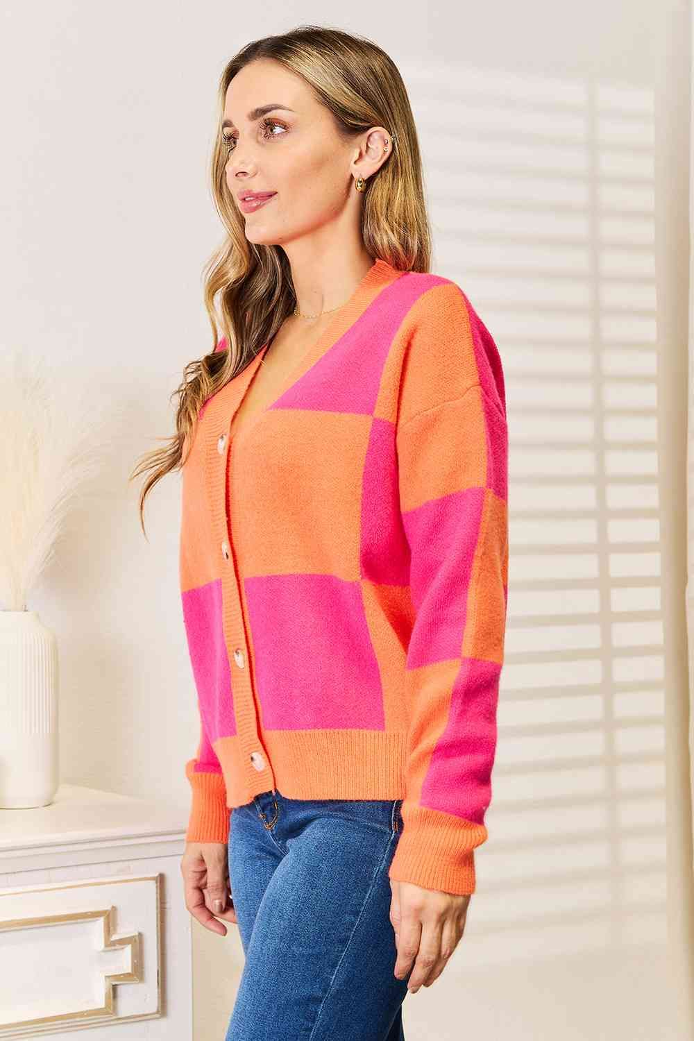 Woven Right Checkered V-Neck Dropped Shoulder Cardigan us.meeeshop - 